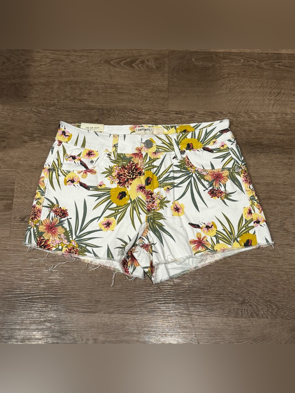 Women's Floral White Tropical Print Denim Shorts